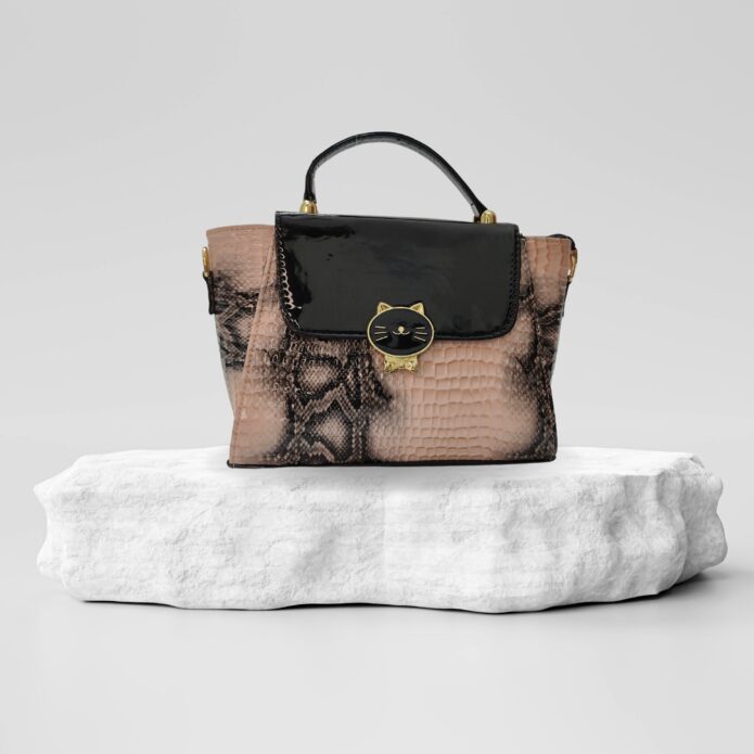Luxury Black and Pink Handbag For Women With Croc Pattern and Button Closure