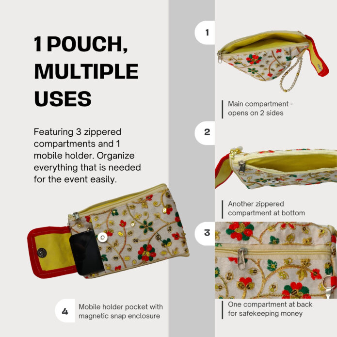 Embroidered Handheld Purse For Women & Girls With Multi Pocket Design and Smartphone Section - Image 4